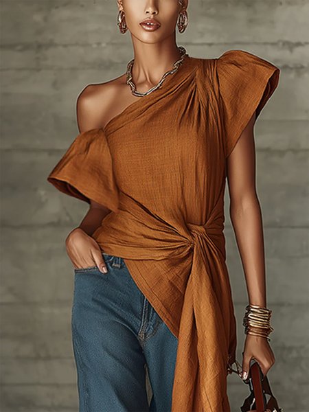 

Cotton Casual Plain Asymmetrical Blouse, Caramel, Blouses and Shirts