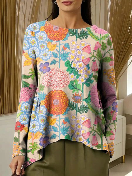 

Women Geometric Long Sleeve Tee T-shirt Crew Neck Printing Vintage Spring/Fall Top, Flower, T-Shirts