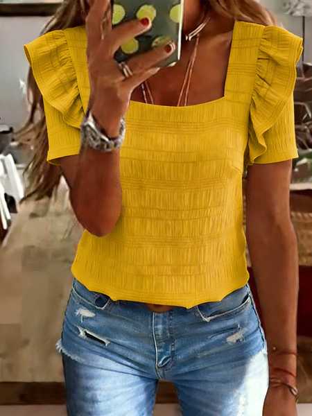 

Elegant Plain Cap Sleeve T-shirt, Yellow, T-shirts