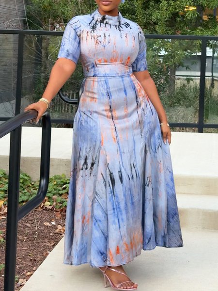 Urban Tie-Dye Pattern  Printing Stand Collar Maxi Dress
