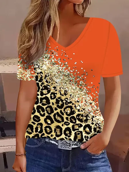 

Women Leopard Short Sleeve Tee T-shirt V Neck Casual Summer Top, Orange, T-Shirts