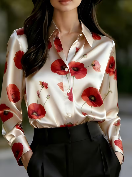 

Shawl Collar Long Sleeve Floral Regular Micro-Elasticity Regular Fit Button Up Shirt Shirt For Women, Apricot, Shirts