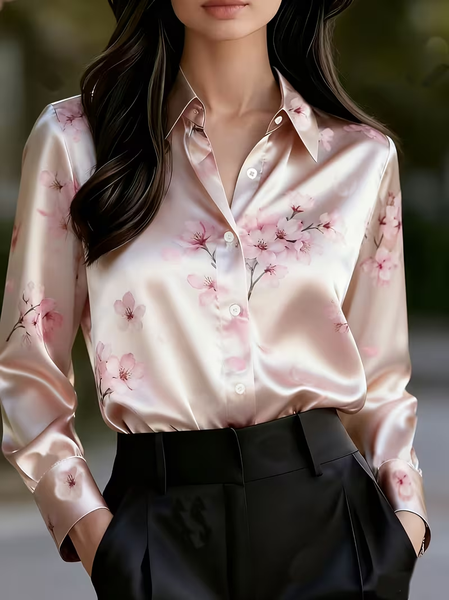

Shawl Collar Long Sleeve Floral Regular Micro-Elasticity Regular Fit Button Up Shirt Shirt For Women, Pink, Shirts
