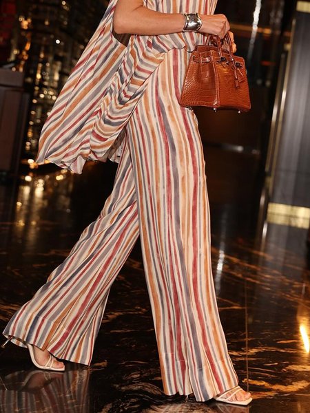 

Vacation Striped Printing Wide Leg Pants, As picture, Pants