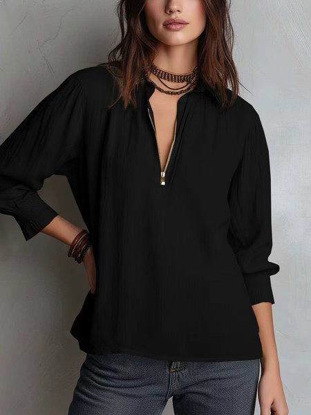 

Women Plain Shawl Collar Three Quarter Sleeve Shirt Gathered Casual Daily Spring/Fall Top, Black, Blouses
