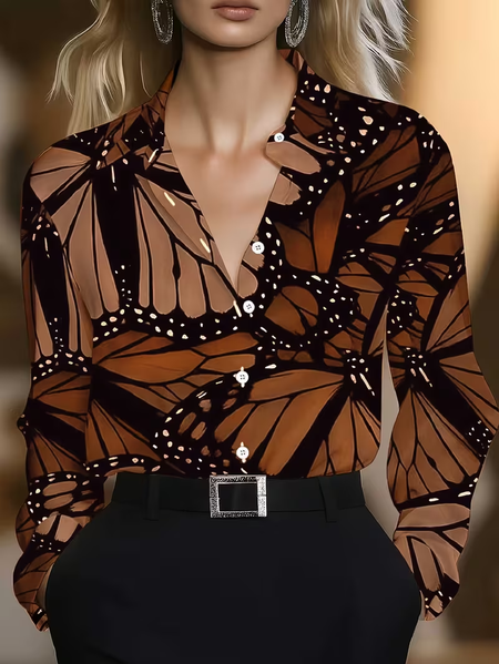 Shawl Collar Long Sleeve Butterfly Regular Micro-Elasticity Regular Fit Button Up Shirt Shirt For Women