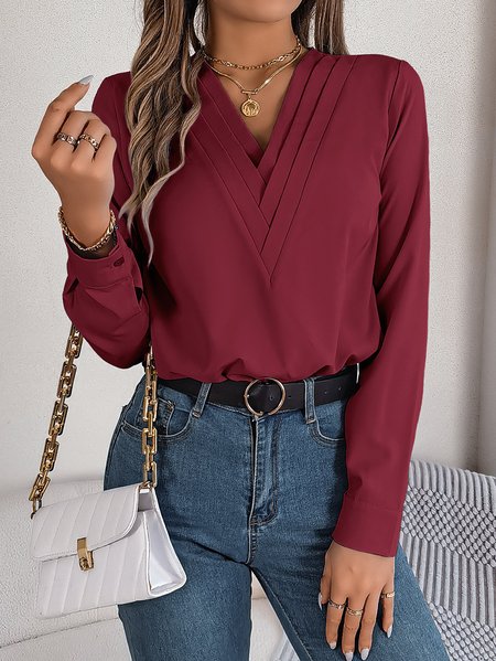 V Neck Long Sleeve Plain Split Joint Regular Micro-Elasticity Loose Tunic Shirt For Women