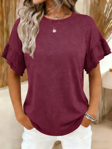 

Elegant Plain Crew Neck Short Sleeve T-shirt, Red, T-shirts