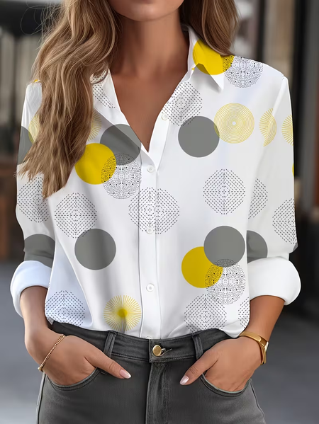 

Shirt Collar Regular Sleeve Long Sleeve Abstract Buckle Regular Loose Button Up Shirt Shirt For Women, White, Shirts