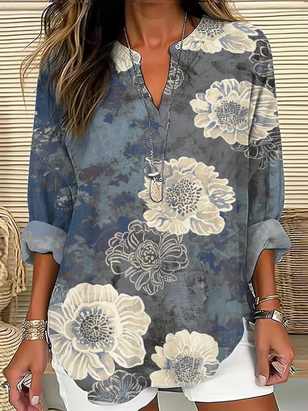 

V Neck Long Sleeve Floral Printing Regular Loose Blouse For Women, Navyblue, Blouses