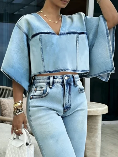 

Casual Plain V Neck Raglan Sleeves Denim Top, Blue, Tops