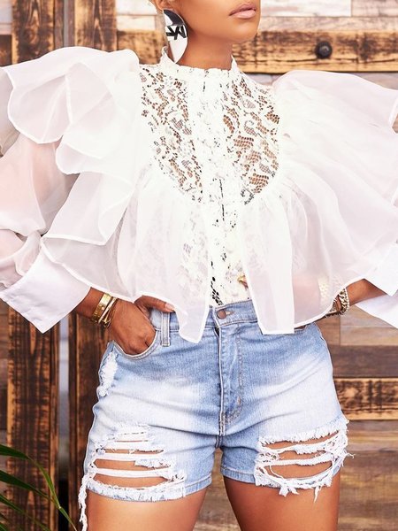 

Urban Plain Lace Peplum Stand Collar Shirt, White, Blouses and Shirts