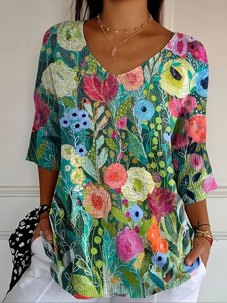 

Women Floral Three Quarter Sleeve Tee T-shirt V Neck Printing Casual Graphic Tee Spring/Fall Top, Green, T-Shirts