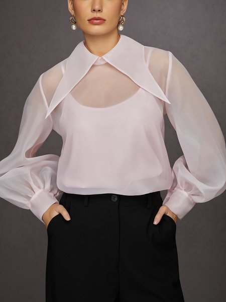 

Elegant Organza Shawl Collar Lantern Sleeve Shirt, Pink, Blouses and Shirts