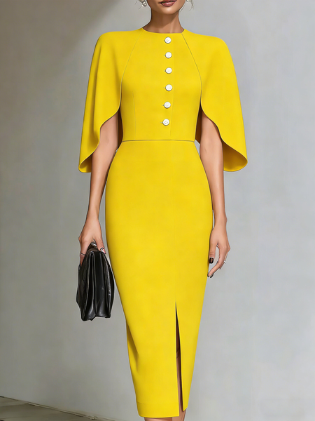 

Elegant Plain Crew Neck Midi Dress, Yellow, Midi Dresses