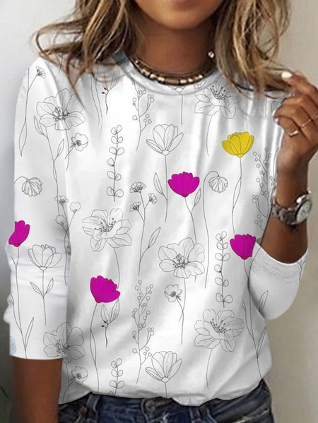 

Vintage Floral Crew Neck Long Sleeve T-shirt, Color6, T-shirts