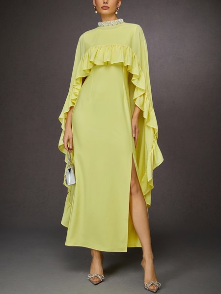

Elegant Pearl Embellished Tiered Ruffle Cape Two-Piece Set, Yellow, Two-piece Set