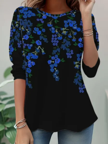 

Casual Floral Crew Neck Long Sleeve T-shirt, Black, T-shirts
