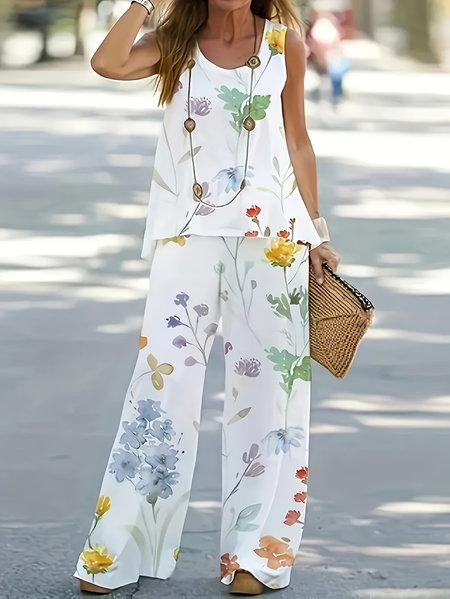 

Women Floral Printing Two-Piece Set Daily Sleeveless Casual Summer Multi-Piece Set Matching Set, White, Suit Set