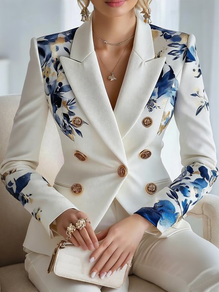 

Elegant Printing Floral Lapel Collar Blazer, White-blue, Blazers