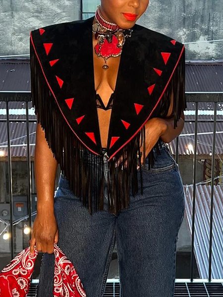 

Elegant Tassel Geometric Vest, Black, Vests and Gilets