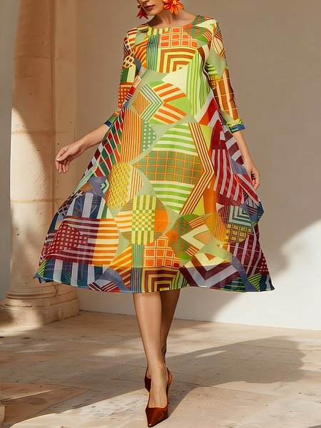 

Vibrant Geometric Print Sheer Mesh Midi Dress, Multicolor, Midi Dresses