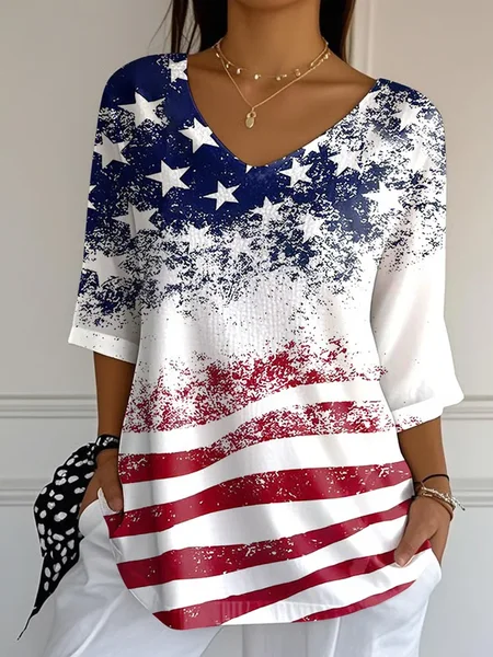 Casual America Flag V Neck Three Quarter Sleeve T-shirt
