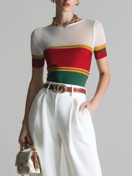 

Urban Color Block Printing Crew Neck T-shirt, As picture, Tees