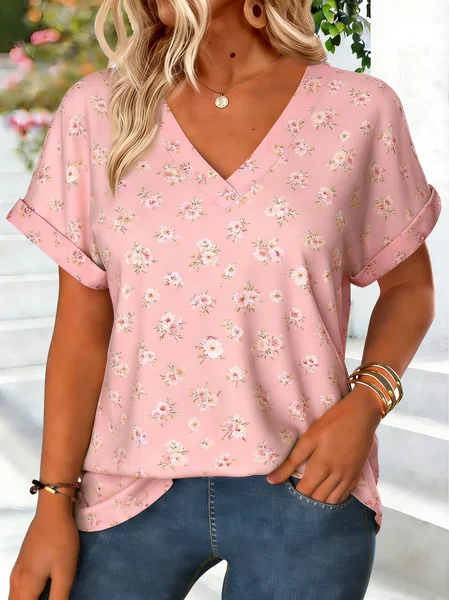 

Casual Floral V Neck Short Sleeve T-shirt, Pink, T-shirts