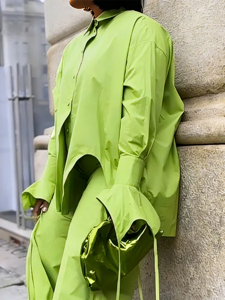 

Cotton Urban Plain Irregular Craftsmanship Shirt Collar Shirt, Green, Blouses and Shirts