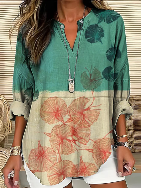 

V Neck Long Sleeve Abstract Printing Regular Loose Blouse For Women, As picture, Blouses