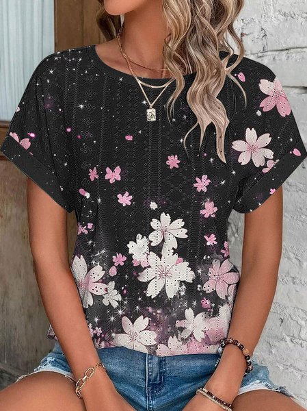 Crew Neck Short Sleeve Striped Regular Loose Blouse For Women