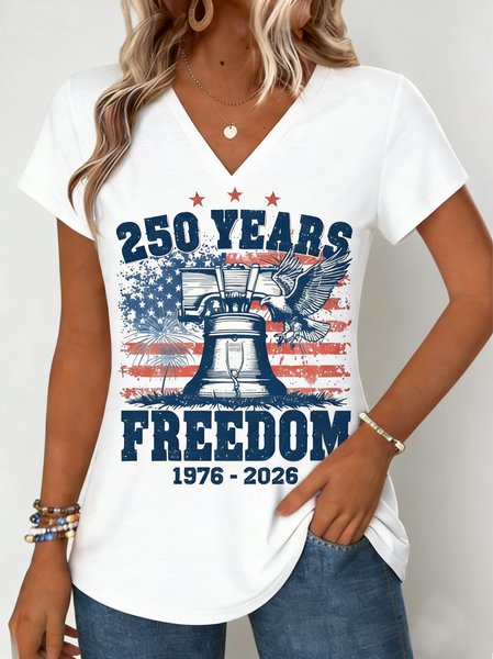 

Casual Letter Pattern V Neck Short Sleeve T-shirt, White, T-shirts