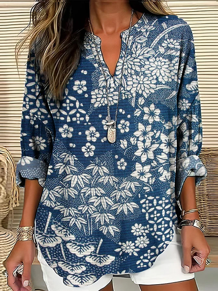 

Women Floral V Neck Long Sleeve Blouse Printing Casual Daily Spring/Fall Top, Navyblue, Shirts