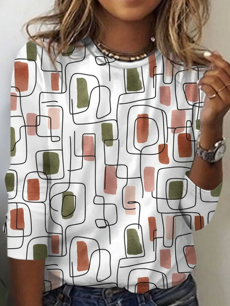 

Vintage Geometric Crew Neck Long Sleeve T-shirt, Color6, T-shirts