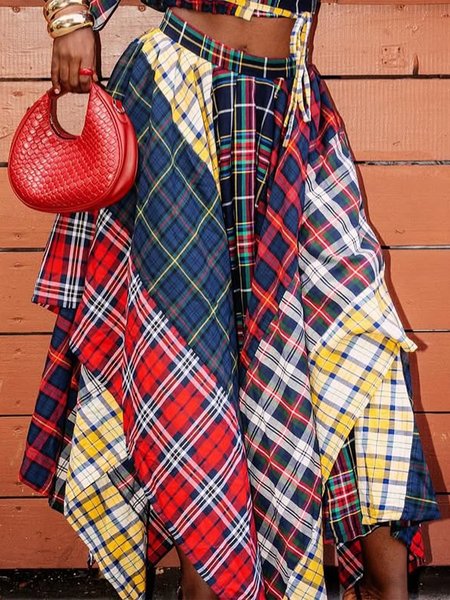 

Casual Printing Plaid Midi Skirt, As picture, Skirts
