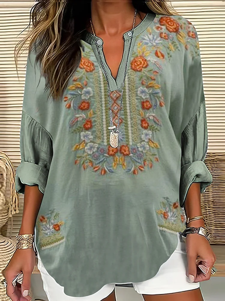 

Women Floral V Neck Long Sleeve Blouse Printing Casual Daily Spring/Fall Top, Green, Shirts