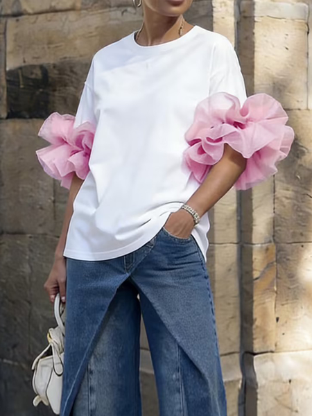 Urban Color Block Crew Neck Blouse, White, Tees