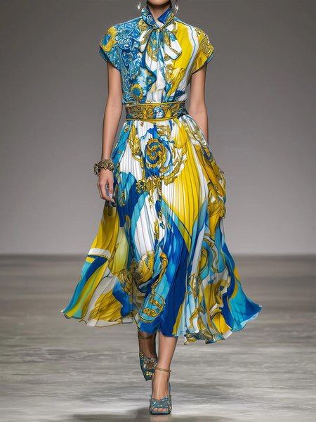 

Elegant Barocco Print Pleated Tie Neck Midi Dress, Blue, Midi Dresses