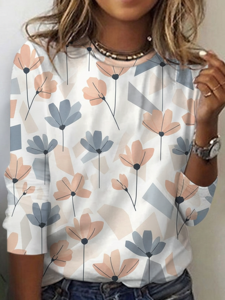 

Vintage Floral Crew Neck Long Sleeve T-shirt, Color6, T-shirts