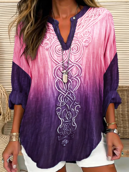 

V Neck Long Sleeve Abstract Printing Regular Loose Blouse For Women, Purple, Blouses