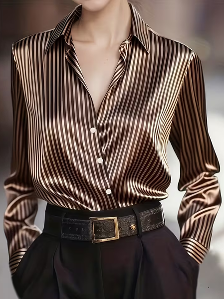 

Women Striped Shawl Collar Long Sleeve Shirt Casual Daily Spring/Fall Top, Brown, Shirts