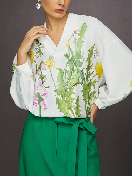 

Elegant V-Neck Floral Print Silky Loose Blouse, Green, Blouses and Shirts