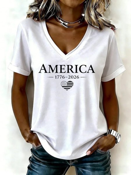 Elegant America 250 Years Anniversary Printing V Neck Short Sleeve T-shirt