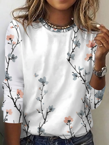 

Vintage Floral Crew Neck Long Sleeve T-shirt, Color6, T-shirts