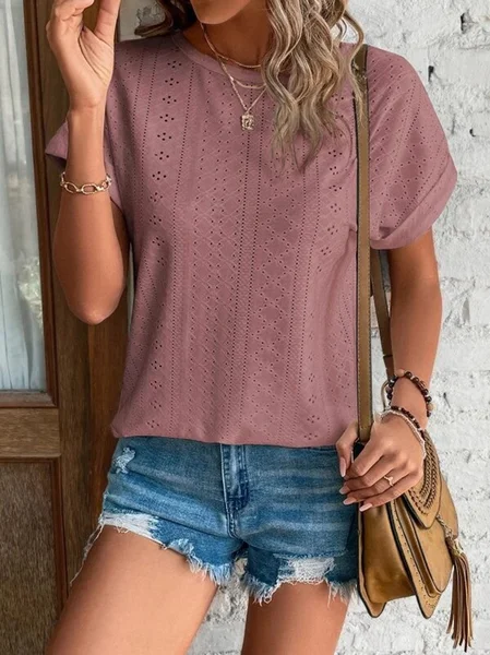 

Crew Neck Short Sleeve Recessed mesh embroidery Casual Top, Rose red, Tees & T-shirts