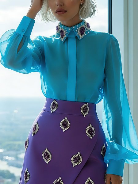 

Elegant Plain Hot Drilling Shirt Collar Shirt, Blue, Blouses and Shirts