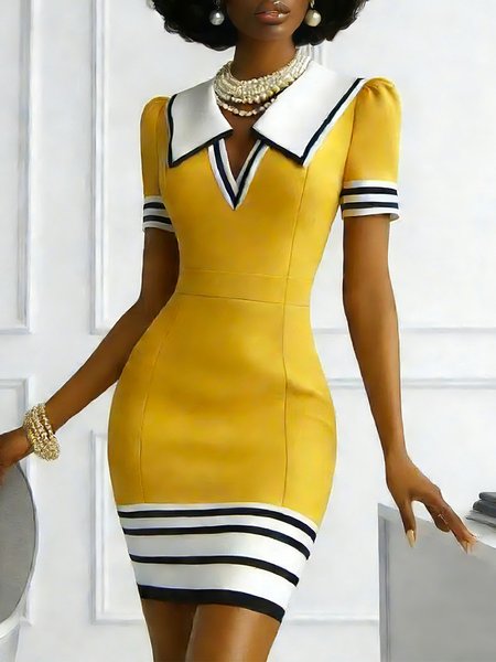 Urban Color Block Printing Shawl Collar Mini Dress, Yellow, Mini Dresses