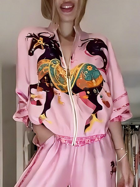 

Casual Printing Horse Stand Collar Jacket, Pink, Jackets