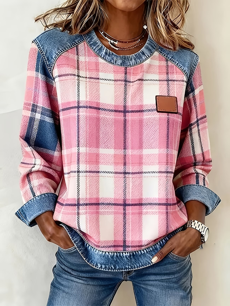 Vintage Crew Neck Plaid Sweatshirt Printing